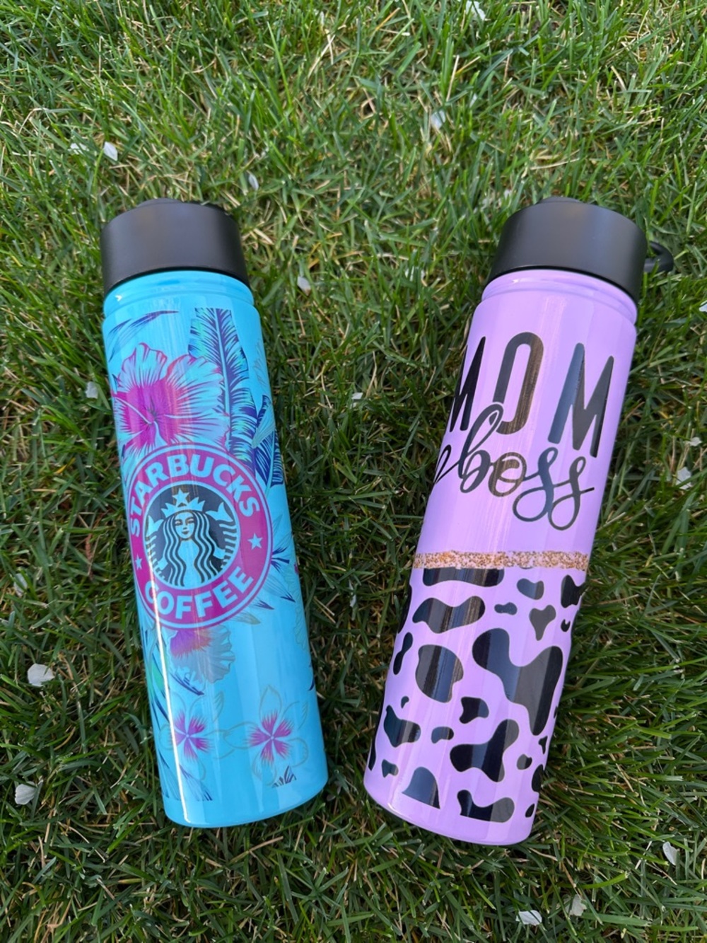 Blue Floral Starbucks logo & purple"wife Mom Boss" stainless steel water bottle